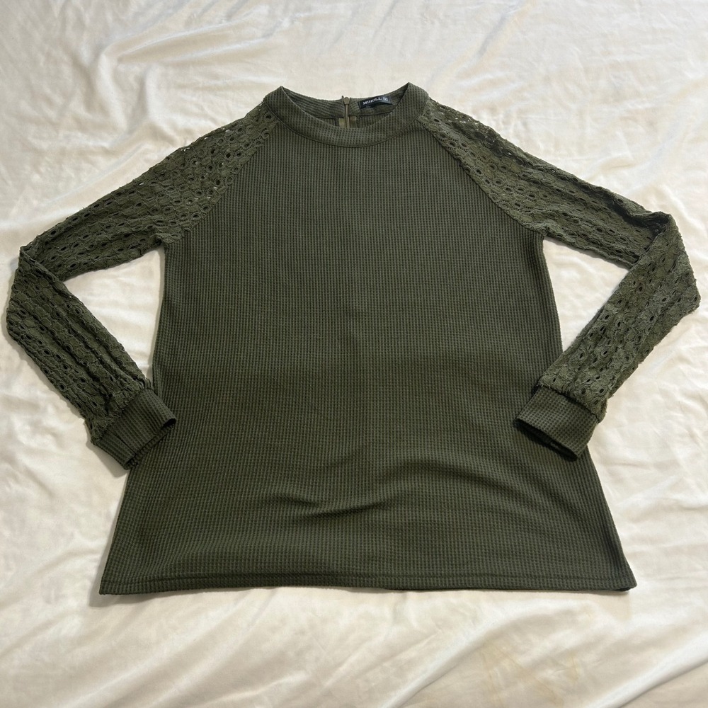 Miholl Olive Green Waffle Knit Top Lace Eyelet Long Sleeve Back Zip Medium